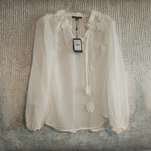 Adrianna Papell Floral Embroidered Chiffon Semi-Sheer Blouse Sz-L - Picture 3 of 8